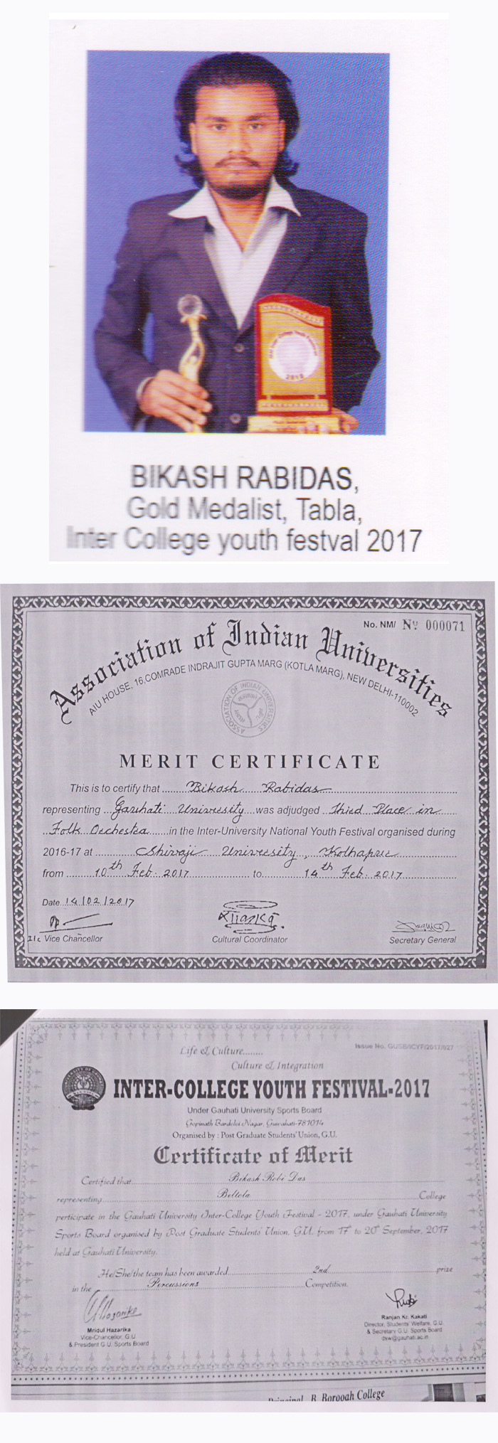 Bikash Rabi Das Gold Medalist Tabla Inter College youth festival 2017