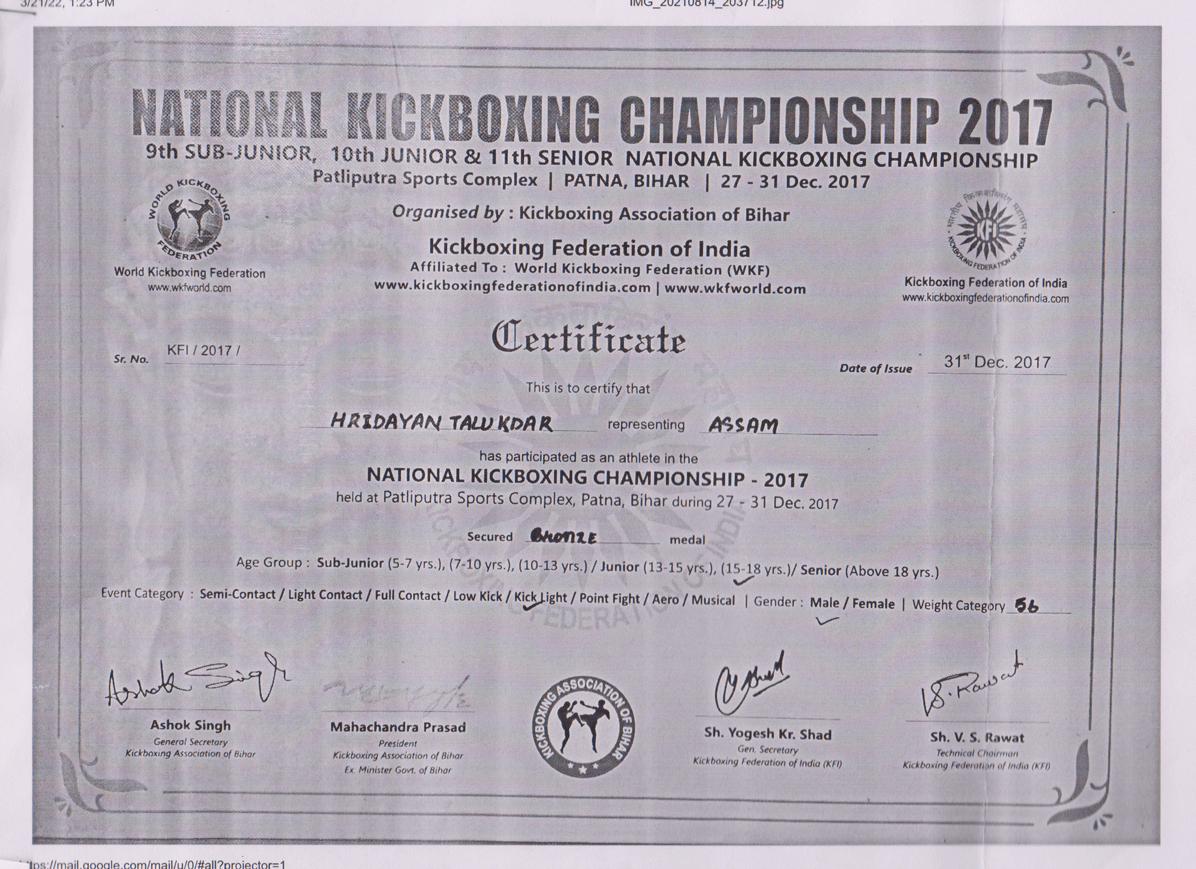 Hridayan Talukdar Bronze Medal National Kickboxing Championship 2017