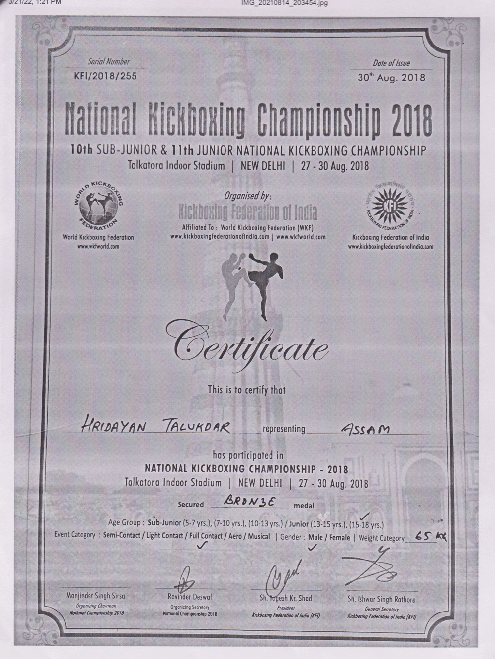 Hridayan Talukdar Bronze Medal National Kickboxing Championship 2018